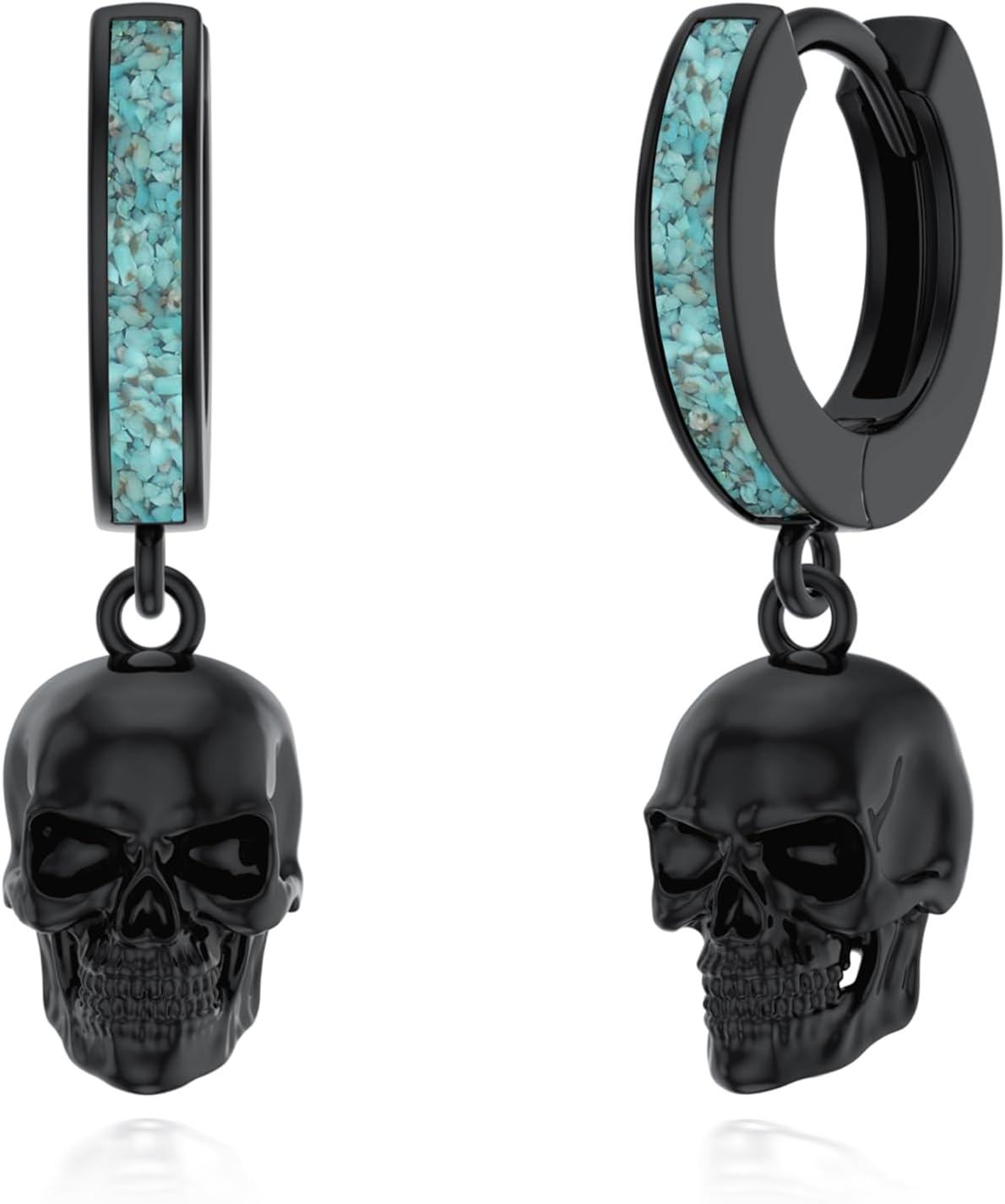 Sterling Silver Turquoise Black Butterfly Skull Cross Star David Sword Lightning Bolt Feather Hoop Drop Earrings-Skull