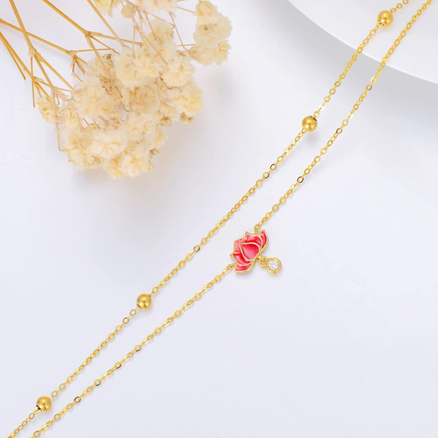 wholesale 14K Gold Beaded Lotus Charm Ankle Anklet for Women - Mothers Day Gift-0-3