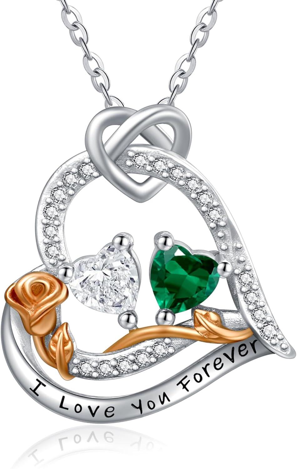  Sterling Silver 2 Birthstones Rose Heart Necklace for Women -04-05-Apr-May