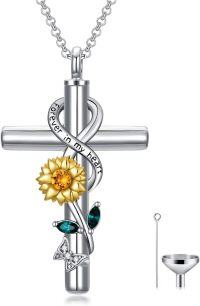 wholesale 925 Sterling Silver Cross & Sunflower Cremation Urn Necklace for Ashes w/Chain & Funnel Kit - Forever in My Heart Keepsake Jewelry Set-04-April-Sunflower Non-personalized