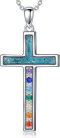 wholesale 925 Sterling Silver Turquoise Rainbow Stone Cross Chakra Pendant Necklace for Women-0-0