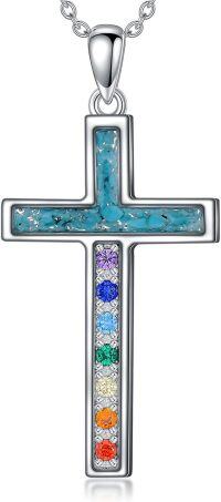 wholesale 925 Sterling Silver Turquoise Rainbow Stone Cross Chakra Pendant Necklace for Women-Cross Chakra