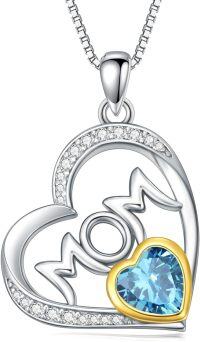 wholesale 925 Sterling Silver Gold Heart Mom Necklace with Synthetic Birthstone Pendant-December - Blue Topaz