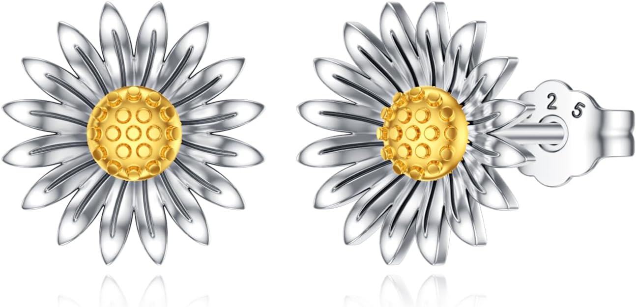 Sterling Silver Crystal Sunflower Stud Earrings Two Tone You Are My Sunshine Gift for Women Mom-0-0