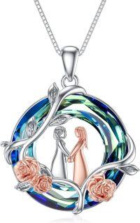wholesale 925 Sterling Silver Blue Crystal Rose Flower Sisters Circle Pendant Necklace-B-Sister Necklace for 2-Blue