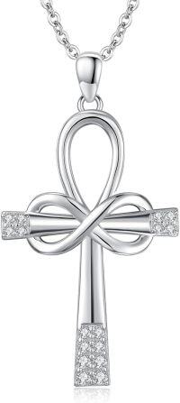 wholesale 925 Sterling Silver Infinity Ankh Cross Pendant Necklace with Cubic Zirconia Stones for Men & Women - Egyptian Style -Silver 2