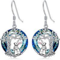 wholesale Sterling Silver Blue Crystal Tree of Life Animal Earrings (Cardinal Owl Fox Snake Sloth Giraffe) Dangle Jewelry Gift for Women-Rabbit