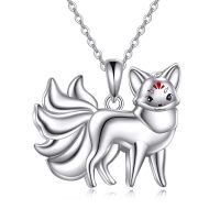 wholesale 925 Sterling Silver Nine Tailed Fox Pendant Necklace White Gold Plated Red Enamel-Fox