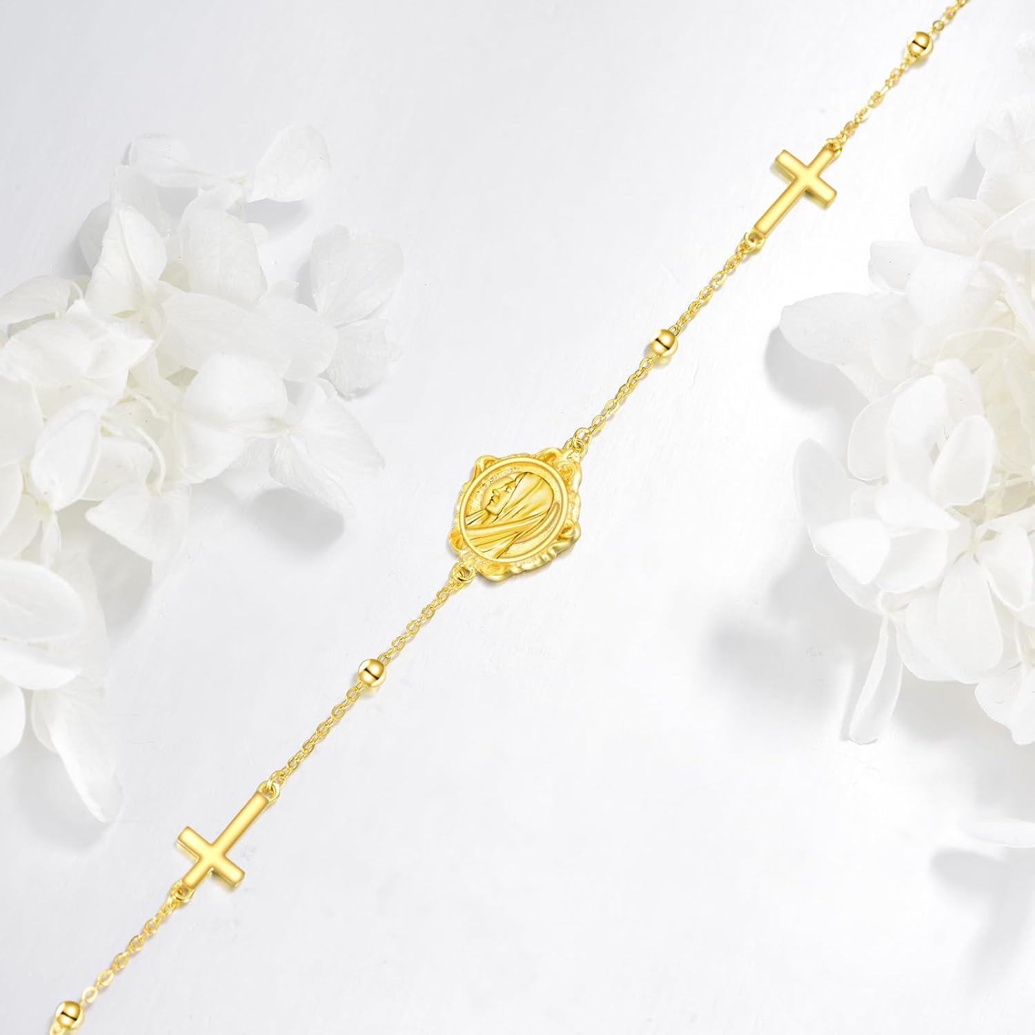 wholesale Gold 925 Sterling Silver Cross Virgin Mary Adjustable Bracelet -0-1