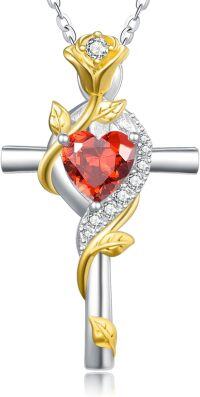wholesale Sterling Silver Rose Cross Pendant Necklace for Women-Gold-1-Garnet-Gold-1-Garnet