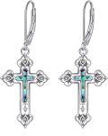 wholesale 925 Sterling Silver Cross Drop Earrings with Abalone Shell Inlay and Leverbacks for Women-0-0