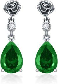 wholesale 925 Sterling Silver Vintage Rose Dangle Earrings with Birthstone Gifts for Women-05-Emerald-Green