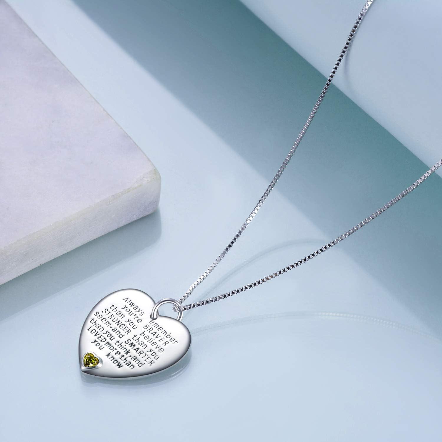 925 Sterling Silver Heart-Shaped Pendant Necklace with Peridot Gemstone - Always Remember You're Braver Than You Believe Inspirational Jewelry for Women Girls-0-1