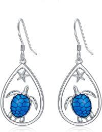 wholesale 925 Sterling Silver Blue Enamel Sea Turtle Teardrop Dangle Hook Earrings-Turtle