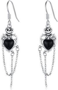 wholesale S925 Sterling Silver Heart Black Agate Rose Flower Drop Dangle Chain Earrings Gothic s for Women Halloween Birthday Thanksgiving-black