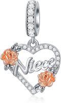wholesale 925 Sterling Silver Rose Flower Heart Dangle Charm for Bracelet - Aunt & Niece -0-0