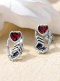 wholesale 925 Sterling Silver Heart-Shaped Red Stone Skeleton Hands Stud Earrings-0-1