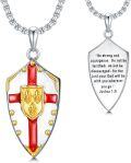 wholesale 925 Sterling Silver Knight's Templar Shield Pendant Necklace w/ Red & Gold Accents and Inspirational Verse from Joshua 1:9 for Men/Women-0-0