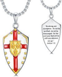 wholesale 925 Sterling Silver Knight's Templar Shield Pendant Necklace w/ Red & Gold Accents and Inspirational Verse from Joshua 1:9 for Men/Women-White Gold Plated-Red