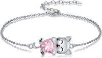 wholesale 925 Sterling Silver Pink Tourmaline Cat Bracelet, 18mm Cute Delicate Kitten Charm Jewelry Gift for Women Girls-October(Pink Tourmaline)