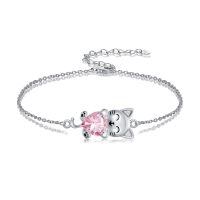 wholesale 925 Sterling Silver Pink Tourmaline Cat Bracelet, 18mm Cute Delicate Kitten Charm Jewelry Gift for Women Girls-October(Pink Tourmaline)