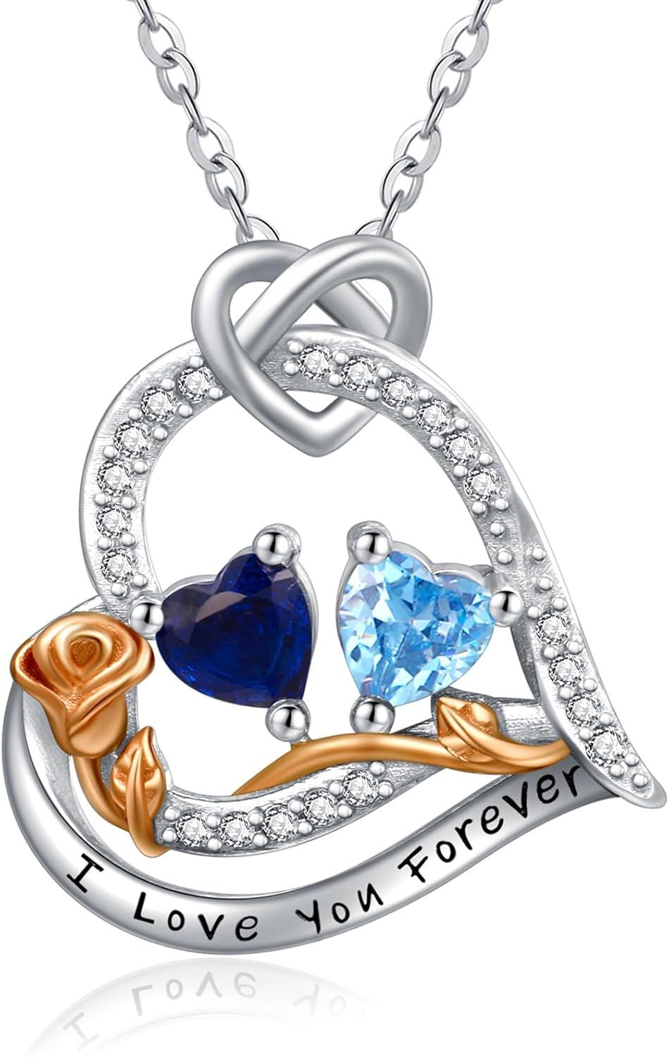  Sterling Silver 2 Birthstones Rose Heart Necklace for Women -09-12-Sept-Dec