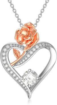 wholesale Gold-Plated 925 Sterling Silver Moissanite Rose & Heart Pendant Necklace for Women-love heart