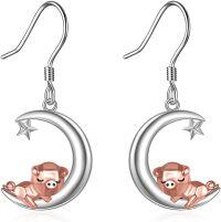 wholesale 925 Sterling Silver Pig on Crescent Moon Star Charm Dangle Earrings for Women-moon pig