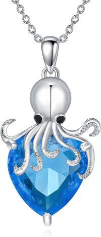 wholesale 925 Sterling Silver Blue Topaz Heart-Shaped Octopus Pendant Necklace-March