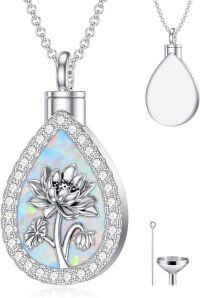 wholesale Sterling Silver Opal Birth Flower Urn Necklace for Ashes 12 Month Memorial Jewelry-07-July-Lotus-07-July-Lotus+Text