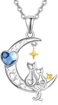 wholesale 925 Sterling Silver Moonstone Cat Pendant Necklace - Cute Kitten Crescent  for Women Girls-Friend Moon Cat