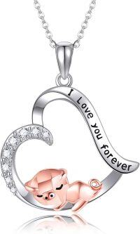 wholesale 925 Sterling Silver Pink Pig in Moon Heart Pendant Necklace with Cubic Zirconia Gifts for Women-pig