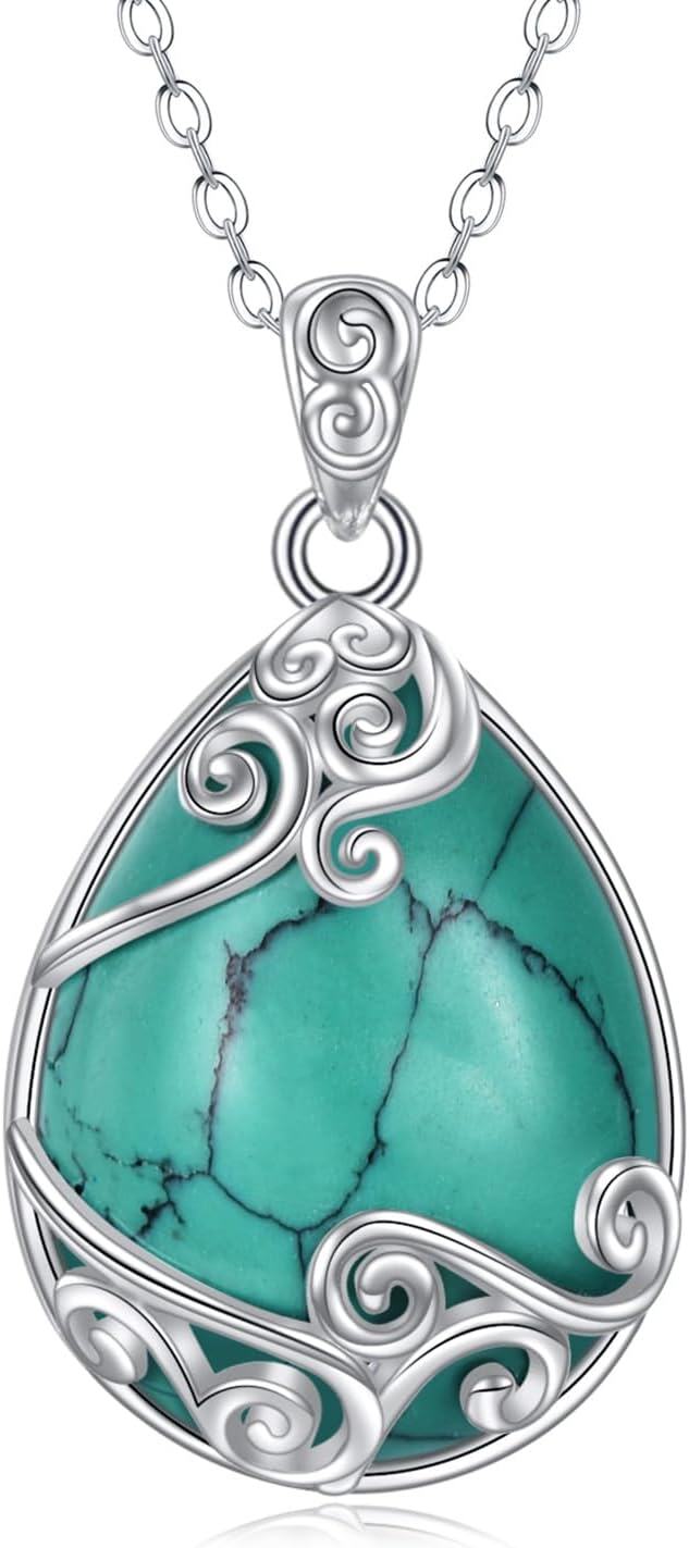 Sterling Silver Moonstone Filigree Teardrop Pendant Necklace for Women-Q-Turquoise