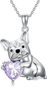 wholesale Metal Synthetic Stone French Bulldog Pendant Necklace for Women-June(Alexandrite)