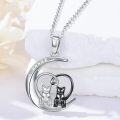 wholesale 925 Sterling Silver Cubic Zirconia Black and White Cats in Heart Crescent Moon Pendant Necklace for Women-0-2
