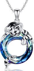 wholesale 925 Sterling Silver Blue Crystal Tiger Circle Pendant Necklace-0-0