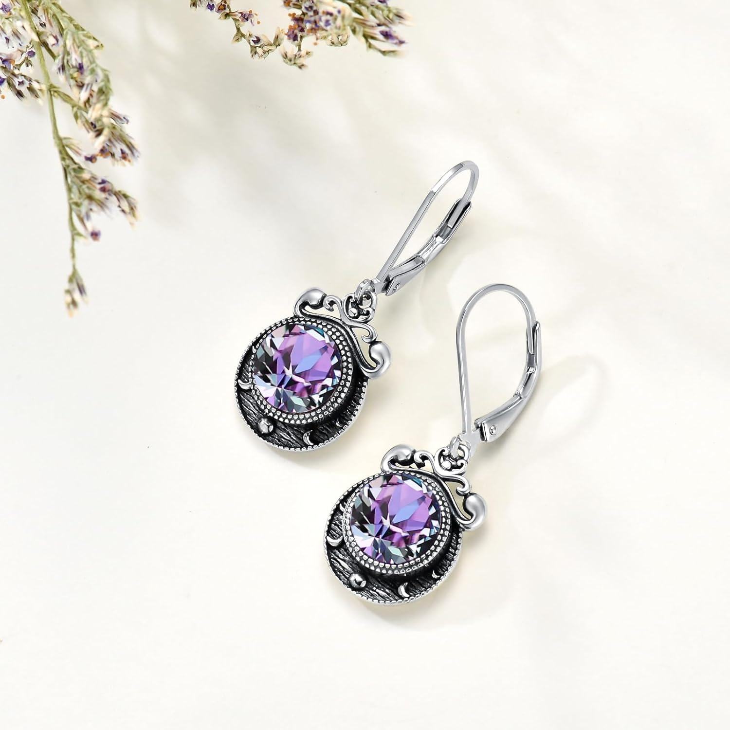 925 Sterling Silver Purple Crystal Drop Dangle Leverback Earrings 3cm Long-0-2