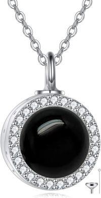 wholesale 925 Sterling Silver Black Onyx & Cubic Zirconia Round Cremation Keepsake Pendant Necklace with Funnel and Fill Tool-Black onyx