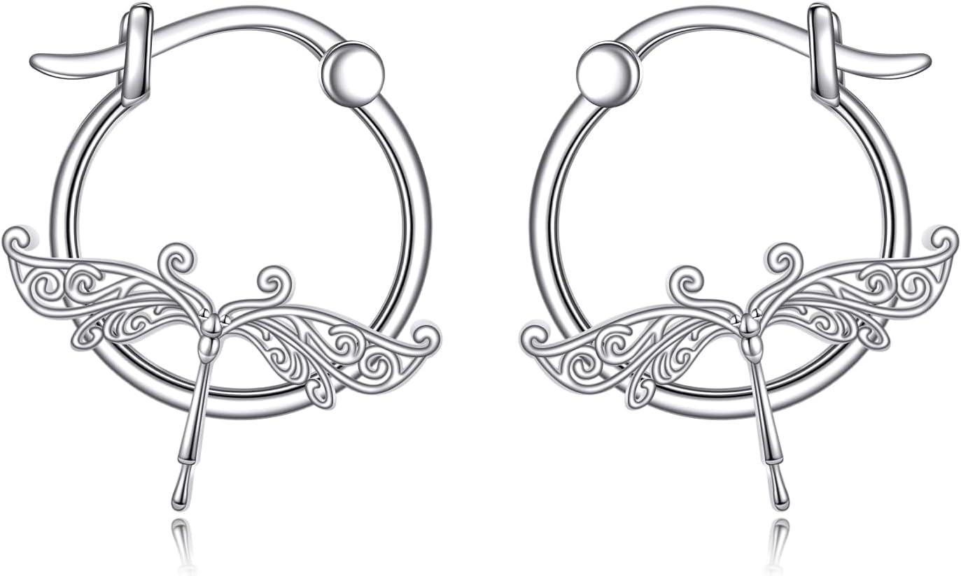 wholesale  Sterling Silver Animal Hoop Earrings Dragonfly Penguin Butterfly Cat Bunny Gifts for Women -Dragonfly earrings
