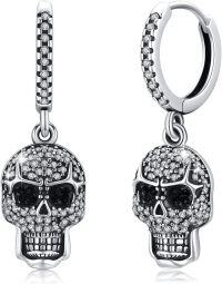 wholesale 925 Sterling Silver Gothic Skull Pendant & Studs Set Punk Style Jewellery Gift for Her Him-A3-Zircon Dangle Hoop