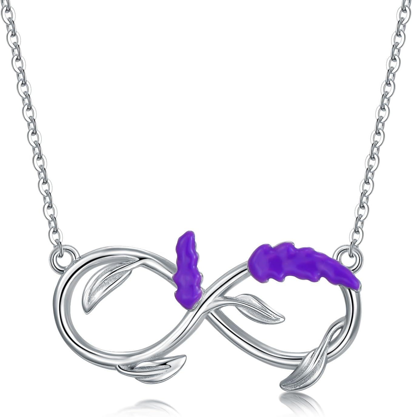 Sterling Silver Flower Necklace (Sunflower Lily Daffodil Lotus Daisy Rose Hibiscus Lavender Scottish Thistle Forget Me Not) Flower of Life Jewelry Gifts for Women-Lavender