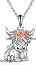wholesale 925 Sterling Silver Flowered Highland Cow Charm Necklace with Crystals and Chain 45cm Length-0-0
