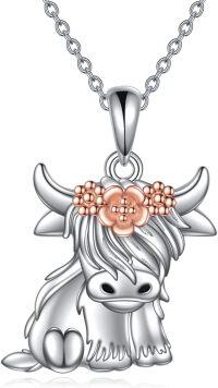 wholesale 925 Sterling Silver Flowered Highland Cow Charm Necklace with Crystals and Chain 45cm Length-Highland Cow