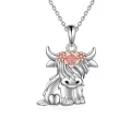 wholesale 925 Sterling Silver Flowered Highland Cow Charm Necklace Wholesale with Crystals and Chain 45cm Length-0-0