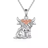 wholesale 925 Sterling Silver Flowered Highland Cow Charm Necklace Wholesale with Crystals and Chain 45cm Length-Highland Cow