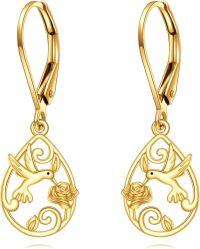 wholesale 14K Solid Gold Hummingbird and Rose Drop Earrings for Women-Hummingbird Earrings