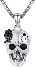 wholesale 925 Sterling Silver Gothic Rose Skull Pendant Necklace  Punk Skeleton Jewelry for Men & Women-0-0
