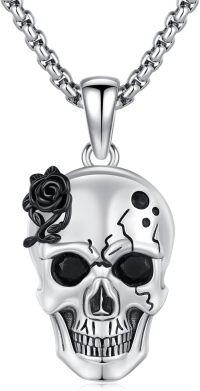 wholesale 925 Sterling Silver Gothic Rose Skull Pendant Necklace  Punk Skeleton Jewelry for Men & Women-01-Skull
