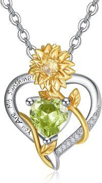 wholesale 925 Sterling Silver Sunflower Birthstone Necklace Heart Pendant Sunshine Jewelry Gift for Women-08 Aug