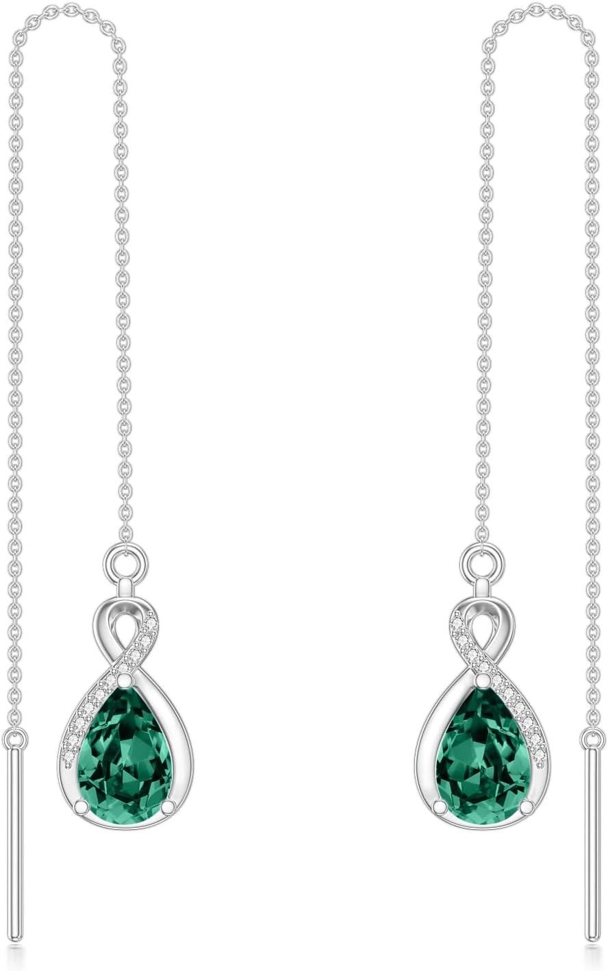 Sterling Silver 12 Birthstone Infinity Threader Drop Earrings for Women-5-May-Emerald Green